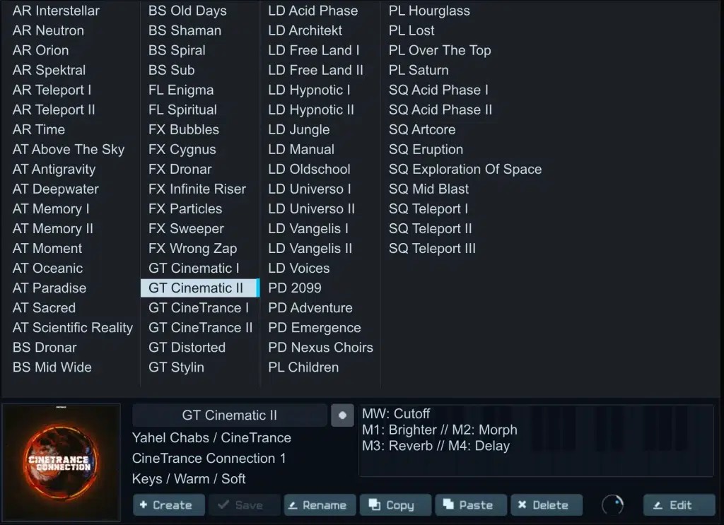 CineTrance Connection Vol 1 Preset List